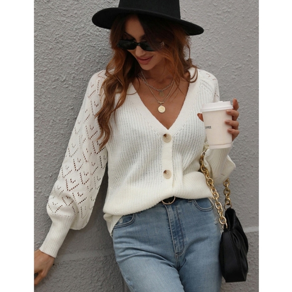 Long Sleeves White Knit Cardigan Oversized Sweater - Picture 2 of 12